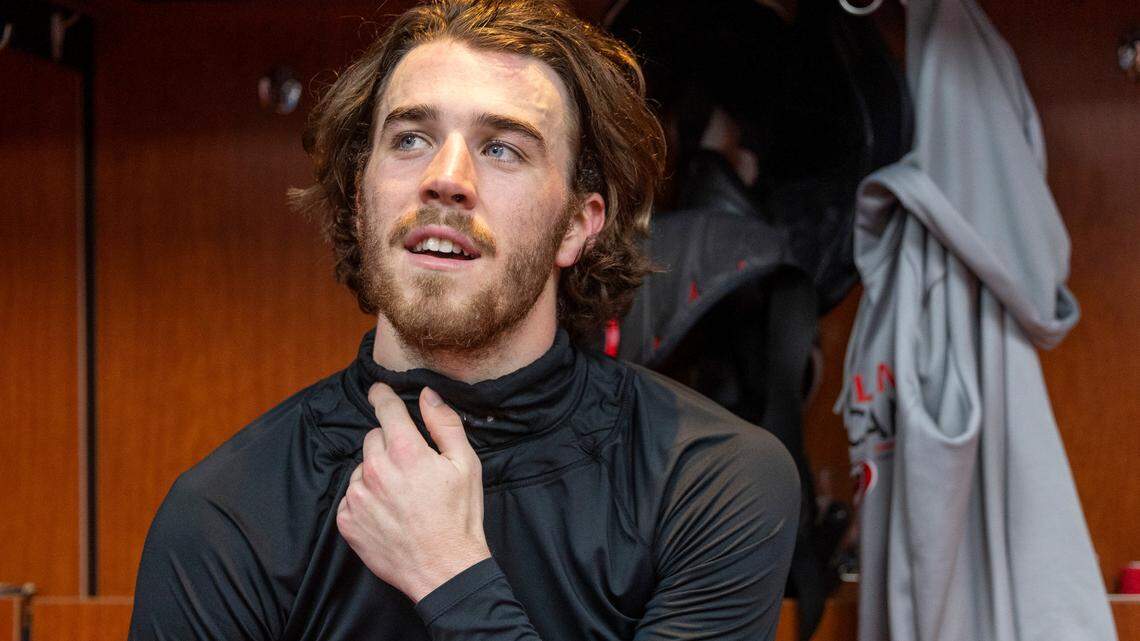 Carolina Hurricanes defenseman Dylan Coghlan (15) is the only member of the team wearing a high-tech Kevlar undershirt with a collar to protect his neck from a possible skate cut. Coghlan talks about his decision to use the Kevlar following practice on Thursday, May 2, 2024 at PNC Arena in Raleigh, N.C.