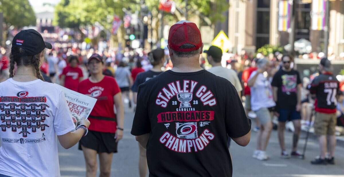 Fayetteville Street is flooded with Carolina Hurricanes fans, two hours before the start of their on Saturday, June 20, 2026 in Raleigh, NC.