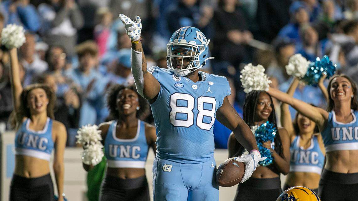 North Carolina’s Kamari Morales (88) reacts after a 22-yard pass reception from quarterback Drake Maye to set up a touchdown against Pitt in the fourth quarter on Saturday, October 29, 2022 at Kenan Stadium in Chapel Hill, N.C.