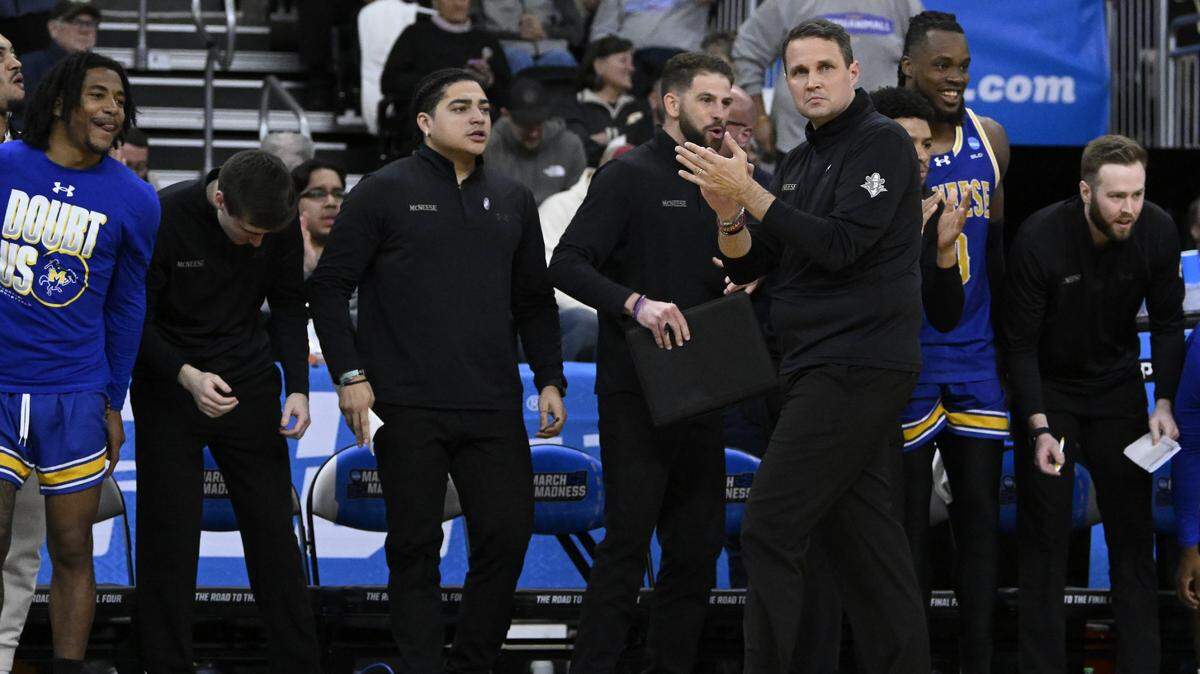 Mar 20, 2025; Providence, RI, USA; McNeese State Cowboys head coach Will Wade reacts during the second half against the Clemson Tigers at Amica Mutual Pavilion. Mandatory Credit: Eric Canha-Imagn Images