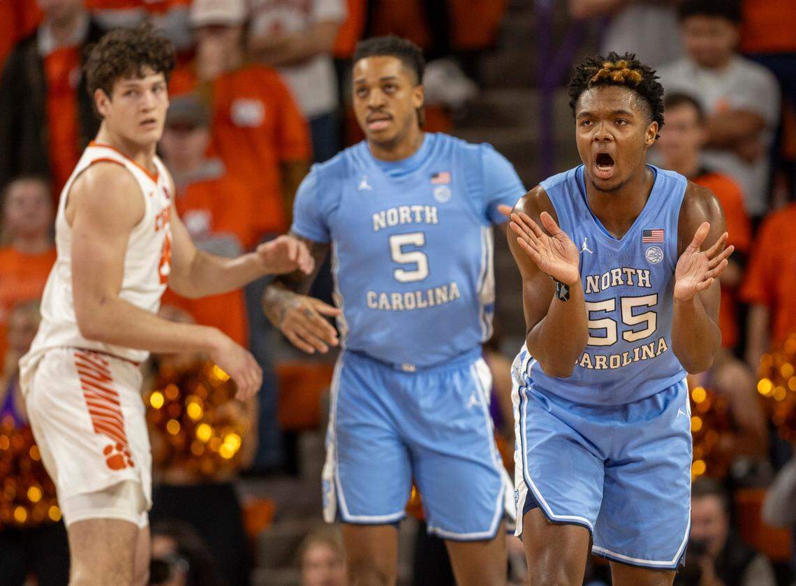 North Carolina’s Harrison Ingram (55) applauds an early lead by the Tar Heels in the first half against Clemson on Saturday, January 6, 2024 at Littlejohn Coliseum in Clemson, S.C.