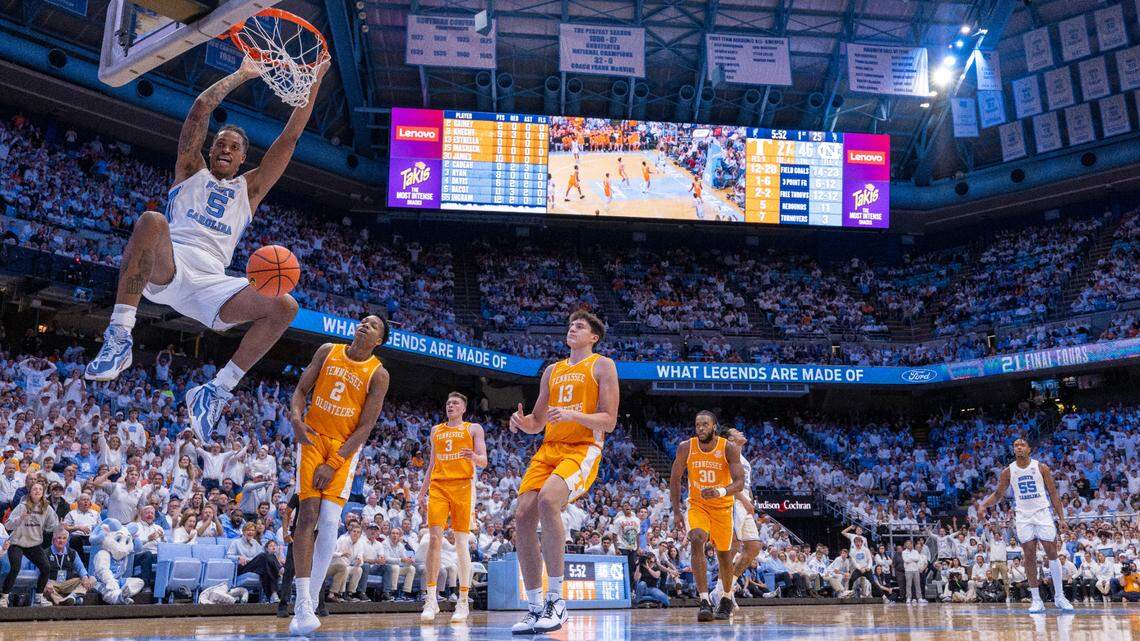 North Carolina’s Harrison Ingram (55) reacts after scoring eight pointS in the opening minutes of play against Tennessee on Wednesday, November 29, 2023 at the Smith Center in. Chapel Hill, N.C.