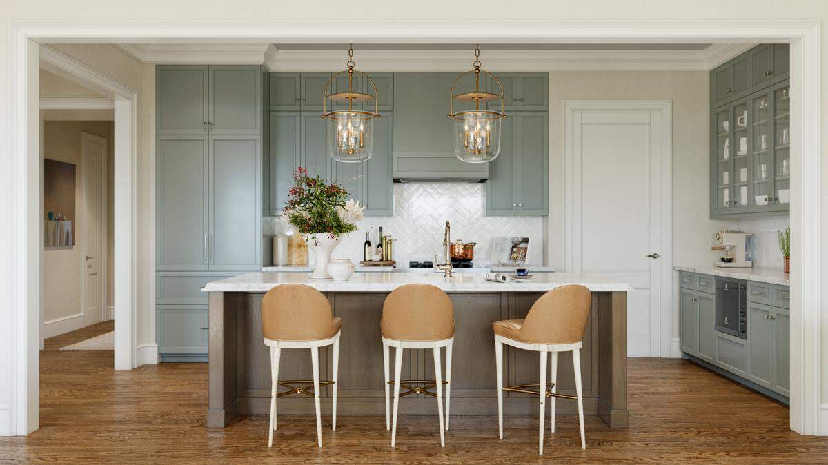A rendering of kitchen for condominiums in The Brightbury, the anchor residential building in Birney Park in Raleigh’s historic Hayes Barton neighborhood. 