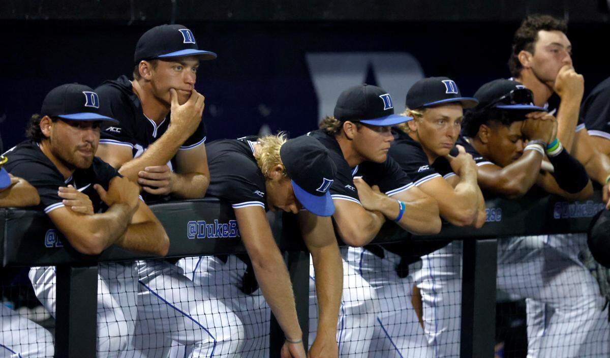 Duke players watch as Murray State celebrates their 5-4 victory over Duke in the third game of the Durham Super Regional at Jack Coombs Field in Durham, N.C., Monday, June 9, 2025.
