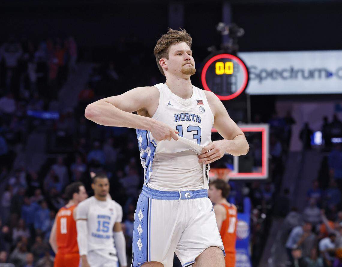 North Carolina's Henri Veesaar walks off the court following the Tar Heels’ 80-79 loss to Clemson in the ACC Tournament quarterfinals on Thursday, March 12, 2026, at the Spectrum Center in Charlotte, N.C.