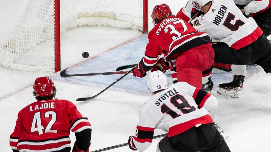 Carolina Hurricanes’ Andrei Svechnikov (37) scores on Ottawa goalie Anton Forsberg (31) during the third period to tie the Senators 2-2 on Thursday, December 2, 2021 at PNC Arena in Raleigh, N.C.