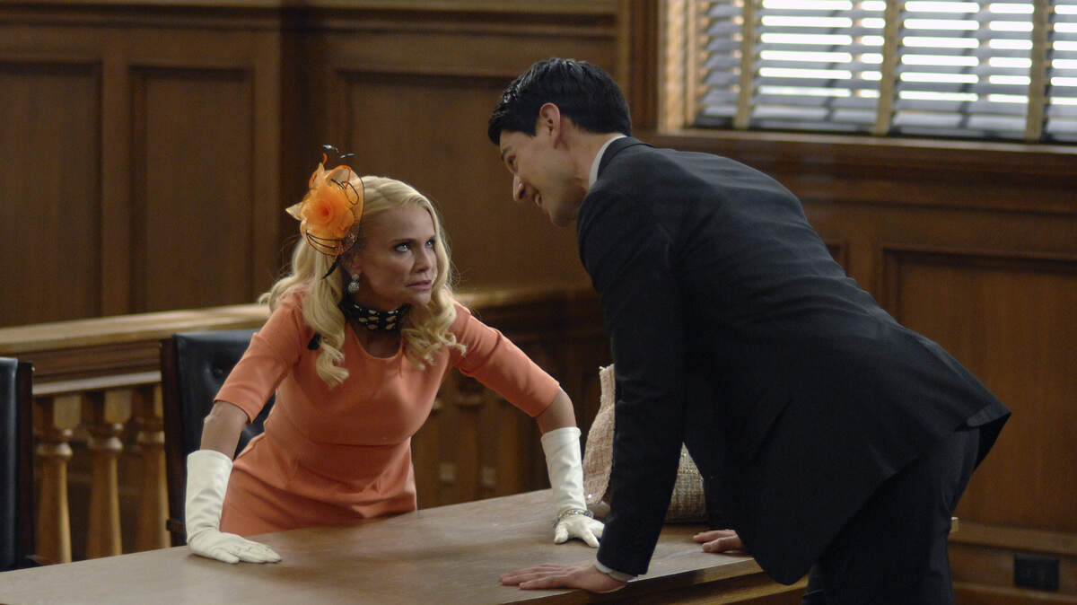 Kristin Chenoweth, left, as Lavinia Peck-Foster, and Nicholas D’Agosto as Josh Segal in NBC’s “Trial & Error.”