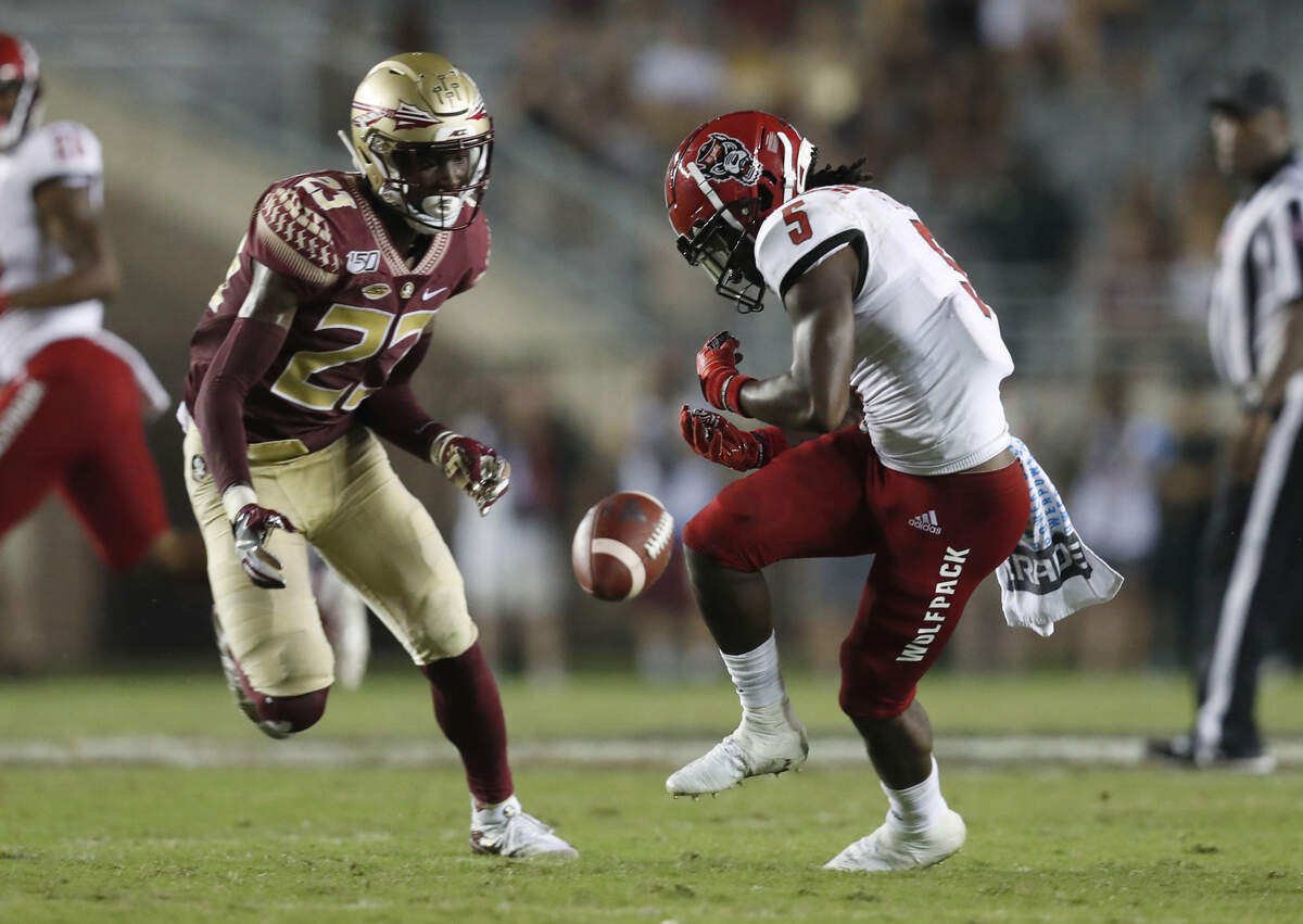 N.C. State wide receiver Tabari Hines (5) can’t pull in the pass as Florida State defensive back Hamsah Nasirildeen (23) defends during the second half of Florida State’s 31-13 victory over N.C. State at Doak Campbell Stadium in Tallahassee, Fla., Saturday, Sept. 28, 2019.