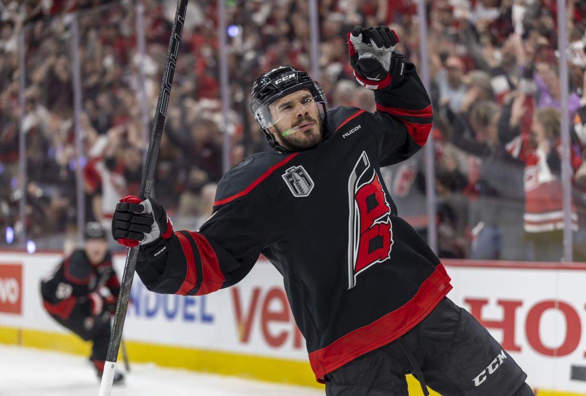 Carolina Hurricanes center Logan Stankoven (22) reacts after scoring in the third period, to cut the Vegas lead to 2-1, in Game 2 of the Stanley Cup Final, on Thursday, June 4, 2026 at Lenovo Center in Raleigh, N.C.