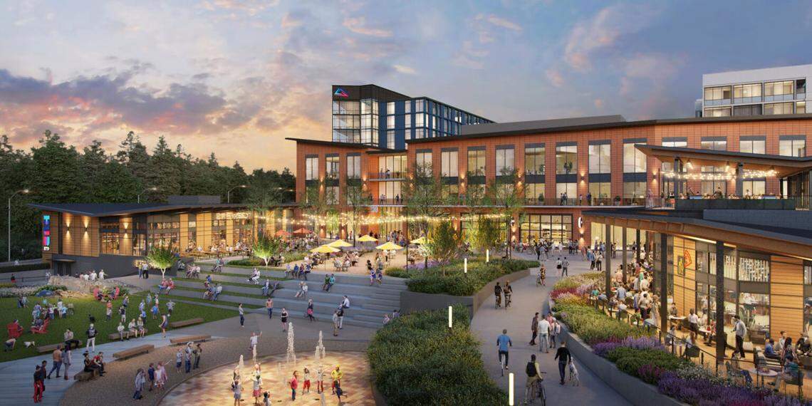 A rendering of Horseshoe, a U-shaped collection of buildings planned in the center of Hub RTP starting in fall 2022. The design calls for office space, retail and restaurants centered around a lush open space with a splash pad.