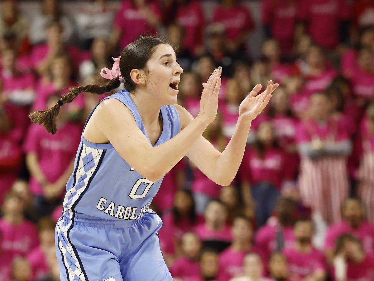 North Carolina’s Lanie Grant reacts during the first half of the Tar Heels’ 61-59 win over N.C. State on Monday, Feb. 2, 2026, at Reynolds Coliseum in Raleigh, N.C.