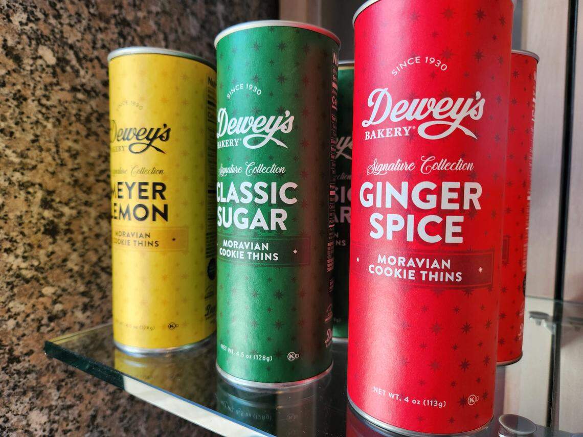 Containers of Moravian cookies for sale at the North Carolina Museum of History gift shop on Feb. 28, 2023, in downtown Raleigh, N.C., across the street from the Legislative Building. There’s a House bill to make Moravian cookies the state cookie, and the Moravian star the state star.