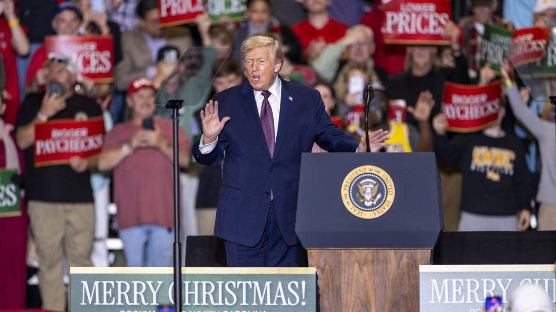 President Donald Trump delivers remarks during a rally at the Rocky Mount Event Center in Rocky Mount on Friday, Dec. 19, 2025.