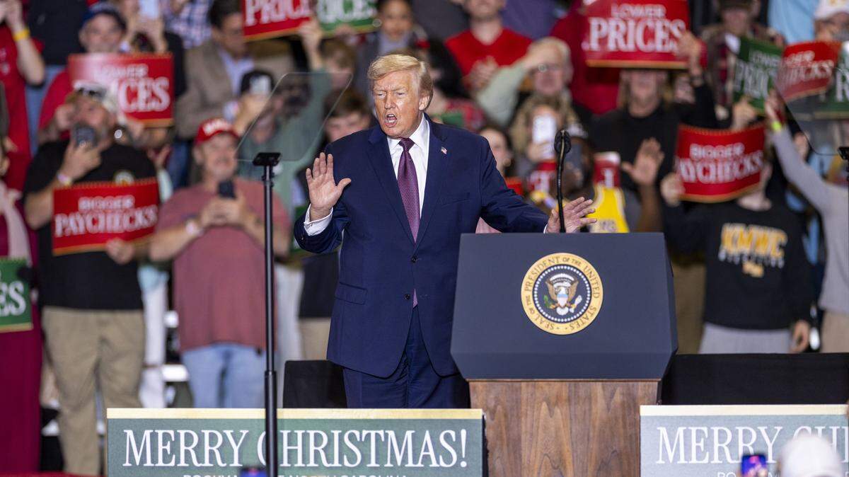 President Donald Trump delivers remarks during a rally at the Rocky Mount Event Center in Rocky Mount on Friday, Dec. 19, 2025.