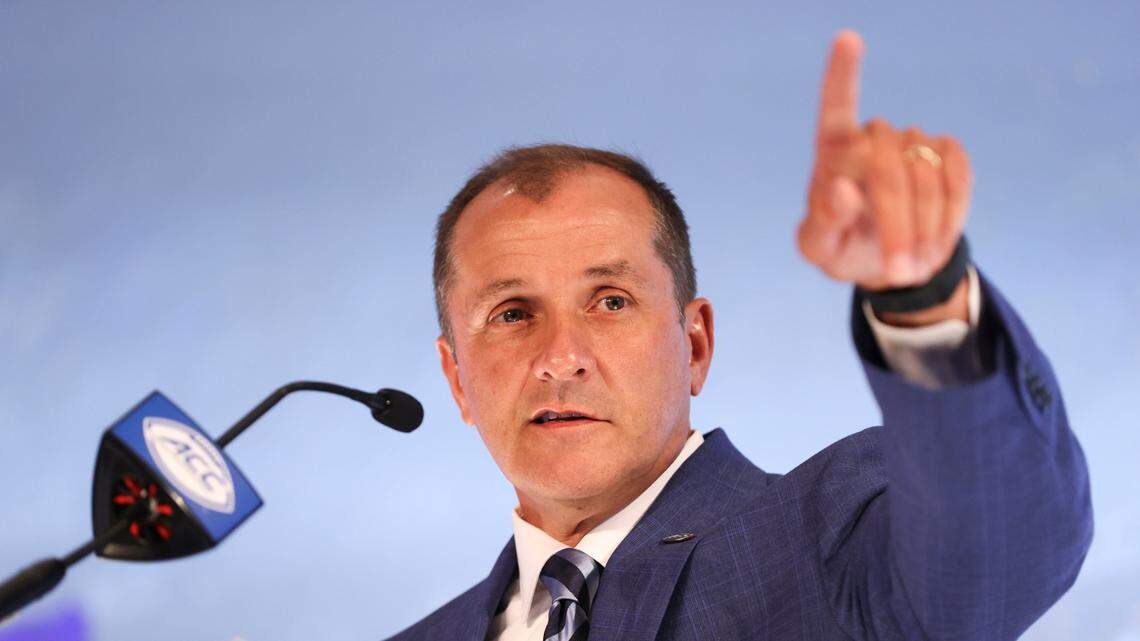 Atlantic Coast Conference commissioner Jim Phillips speaks during the NCAA college football ACC media days in Charlotte, N.C., Wednesday, July 21, 2021.