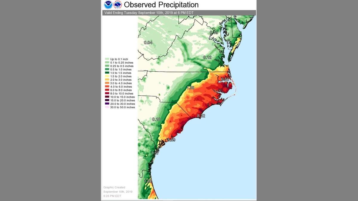Some coastal areas in North Carolina and South Carolina saw more than a foot of rain over the past week, which includes Hurricane Dorian. 
