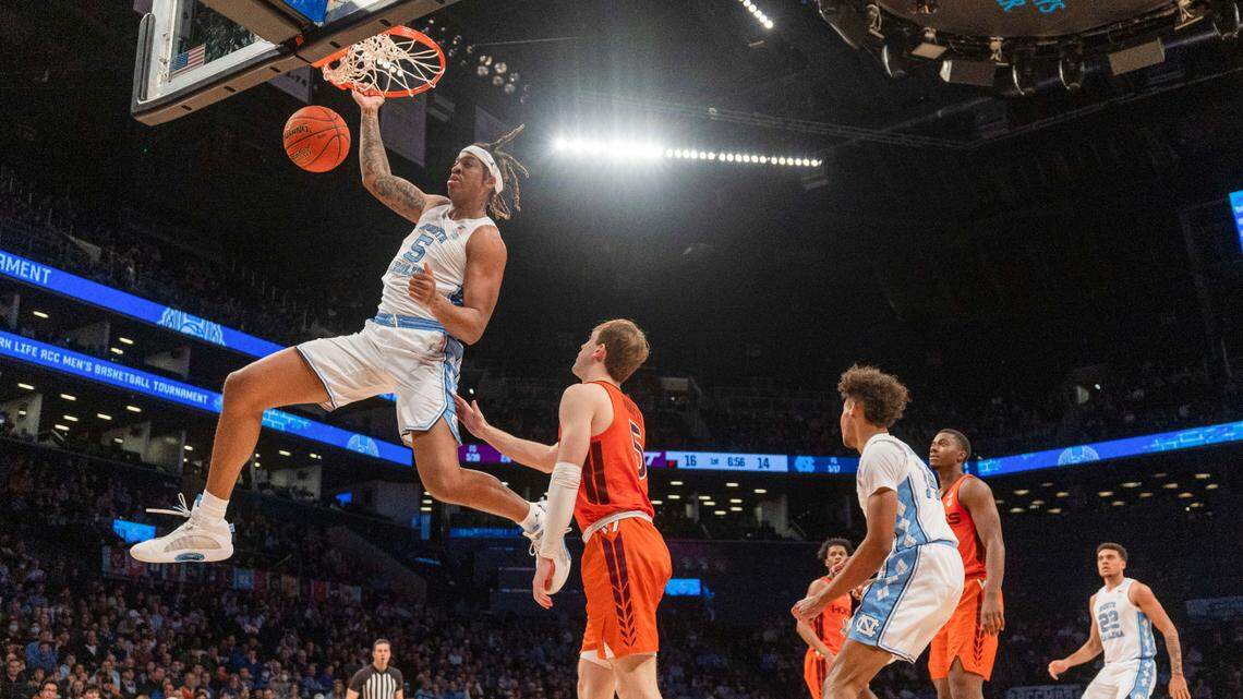North Carolinaís Armando Bacot (5) gets a dunk in the first half against Virginia Tech during the semi-finals of the ACC Tournament on Friday, March 11, 2022 at Barclays Center in Brooklyn, N.Y.