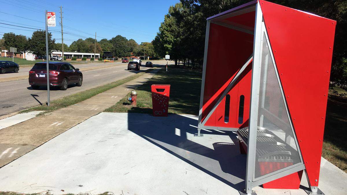 This GoRaleigh bus shelter is one of two designed by the design firm Clark Nexsen that have been built along Blue Ridge Road near the N.C. Museum of Art. In early 2017, Clark Nexsen won a design competition to create a new standard bus shelter for the GoRaleigh system, but so far only two have been built.