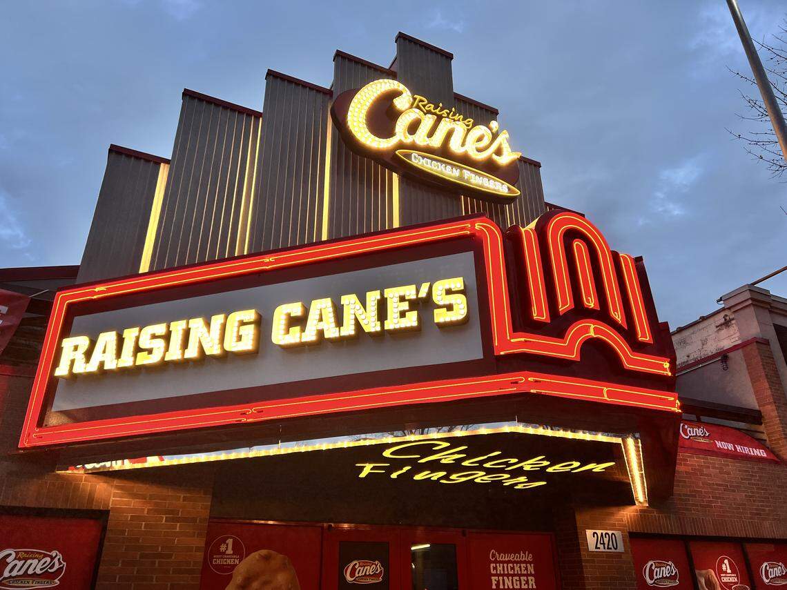 The new Raleigh Raising Cane’s preserves the marquee of the old Varsity Theatre on Hillsborough Street.