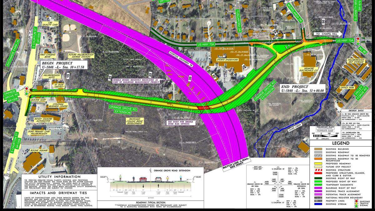 An NC Department of Transportation map shows the route that a new Orange Grove Road extension (in yellow) could take past a new Amtrak station and the Collins Ridge development before connecting with U.S. 70A between Sports Endeavor and Wilmore Electronics Co. The pink area is Norfolk Southern’s railway corridor.