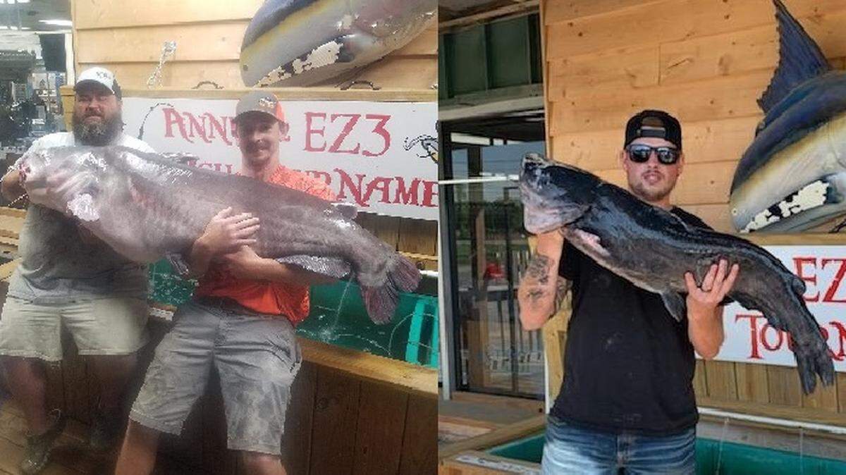 Rocky Baker, left, holding a 127-pound blue catfish, and Taner Rudolph with a 26-pound channel catfish that broke a 50-year-old state record. Photos courtesy of the North Carolina Wildlife Resources Commission