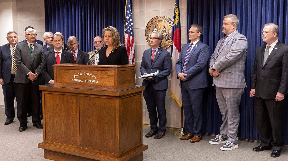North Carolina Sen. Amy Galey is flanked by Republican colleagues during a Feb. 1, 2023 press conference in Raleigh about the Parent’s Bill of Rights. Among other things, the new law allows parents to grant or withhold consent for their children to take reproductive health and safety classes. Critics say too many N.C. parents are opting out of the classes at a time when sexually transmitted infections are rising sharply in the state.