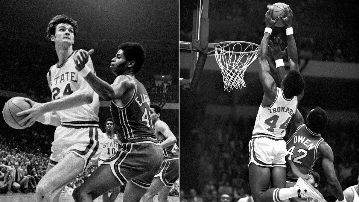 Photos from the 1974 ACC Tournament championship game show N.C. State Tommy Burleson battling against Maryland’s Len Elmore and the Wolfpack’s David Thompson soaring above the rim.