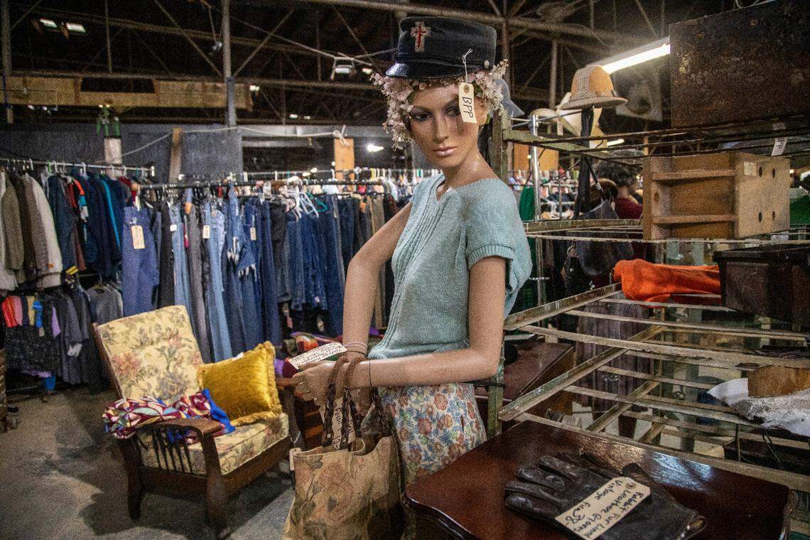 An antique vendor’s display at the sprawling Antique Tobacco Barn in Asheville.