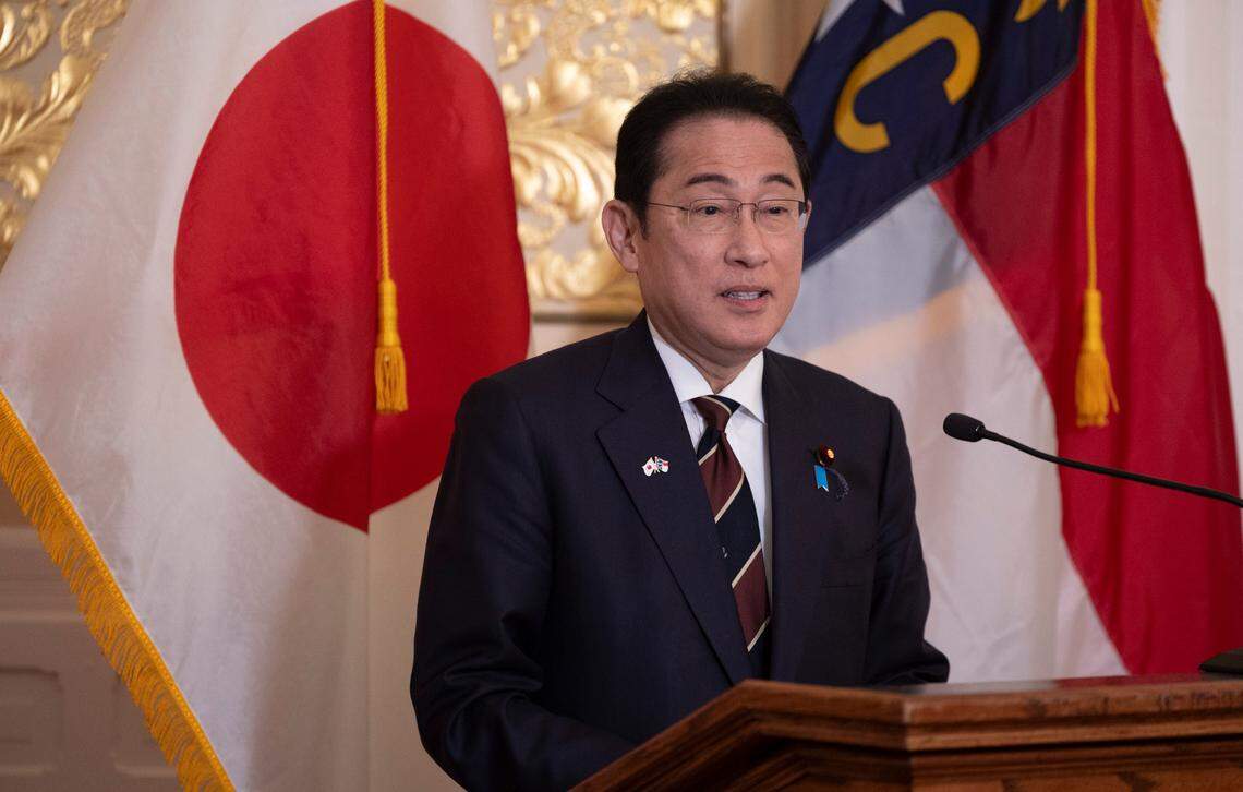 Japanese Prime Minister Fumio Kishida addresses a luncheon in his honor on Friday, April 12, 2024 at the Executive Mansion in Raleigh, N.C.