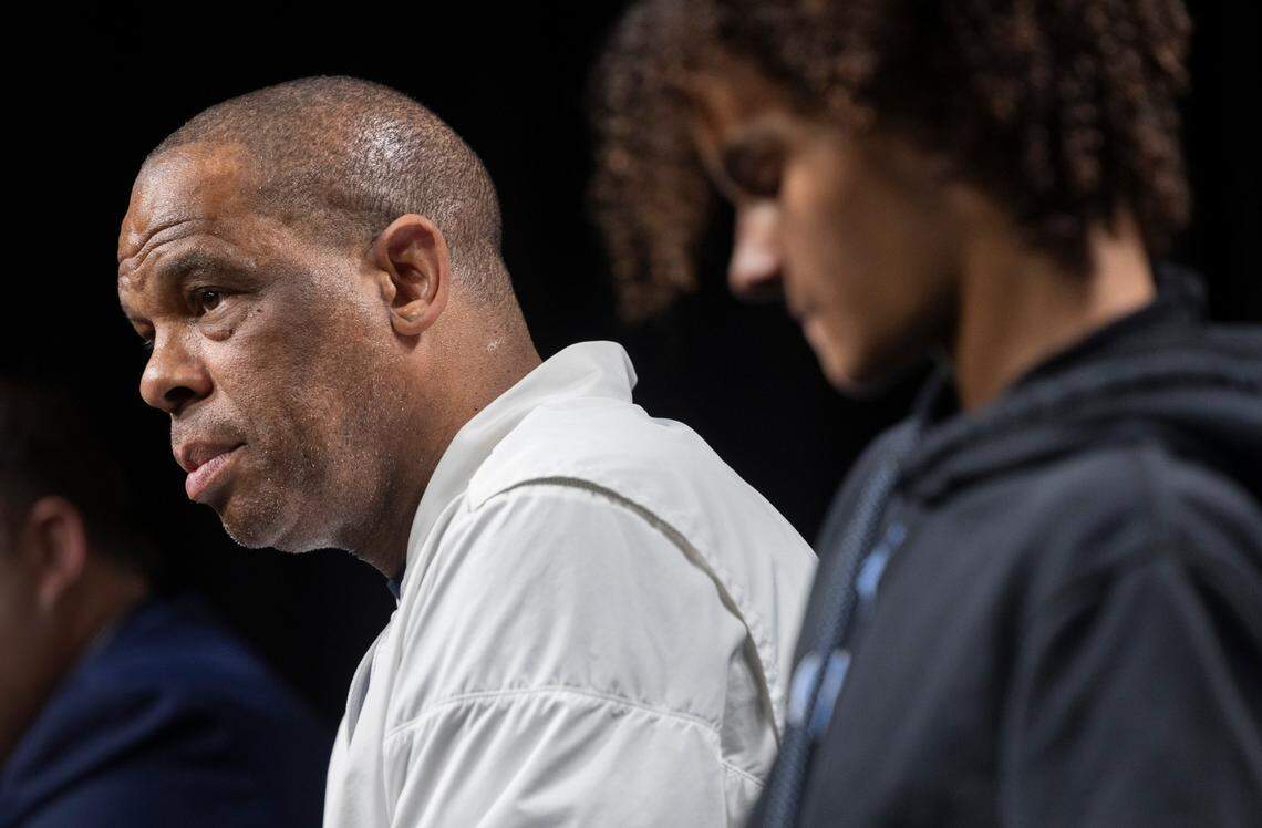 North Carolina coach Hubert Davis fields questions during a media availability on Wednesday, March 27, 2024 at Crypto.com Arena in Los Angeles, CA.