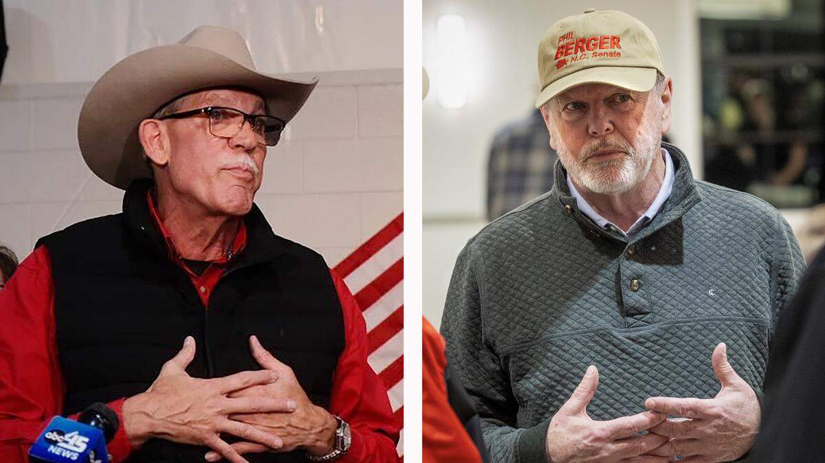 Republican candidates for the N.C. Senate Rockingham Sheriff Sam Page (left) and Sen. Phil Berger (right) talked with supporters Tuesday night telling them that their race was too close to call.