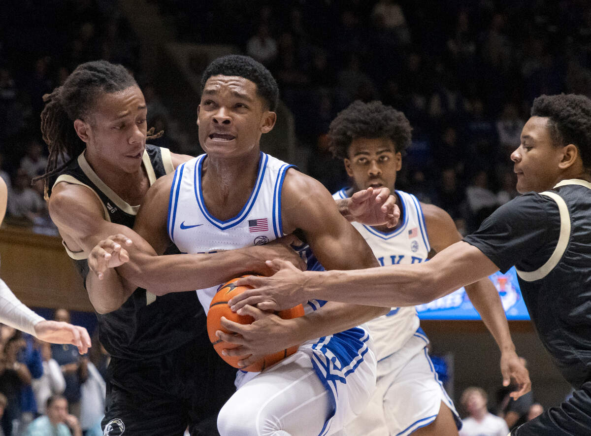 Duke’s Caleb Foster drives to the basket during the second half of the Blue Devils’ 109-64 win in an exhibition game against UNC Pembroke on Wednesday, Nov. 1, 2023, at Cameron Indoor Stadium in Durham, N.C.