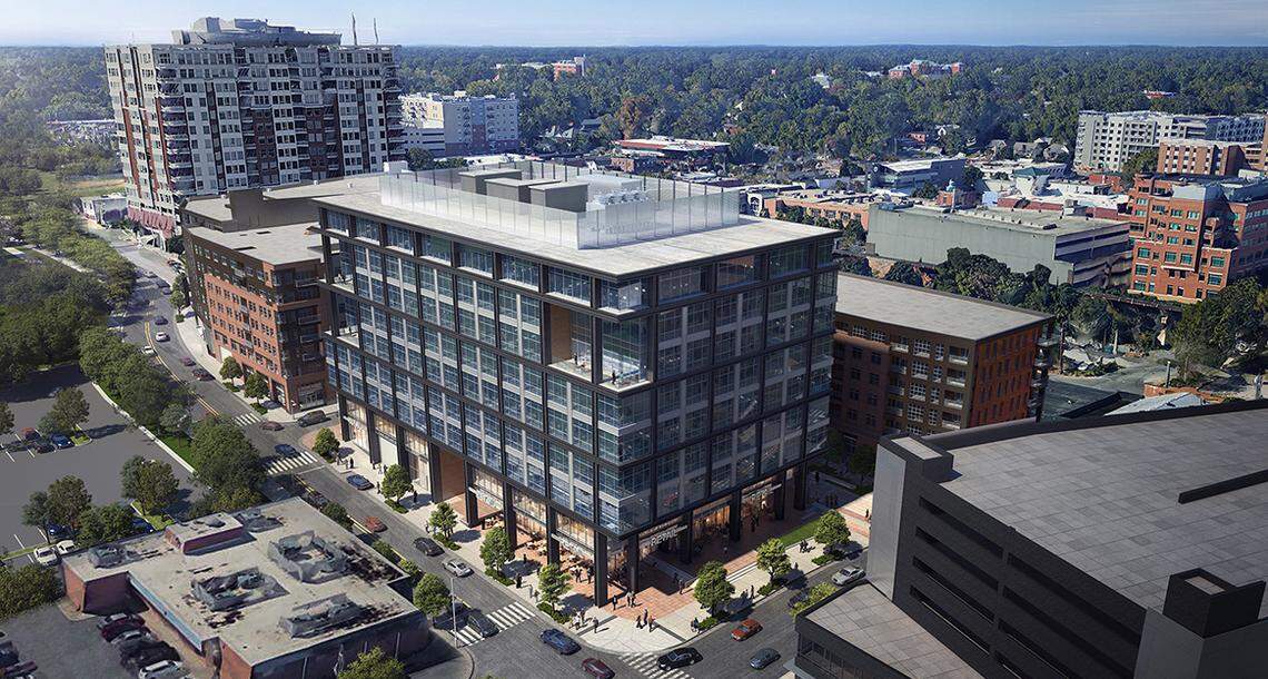A rendering of the commercial building part of the Smoky Hollow development on Harrington and Peace streets next to downtown Raleigh.