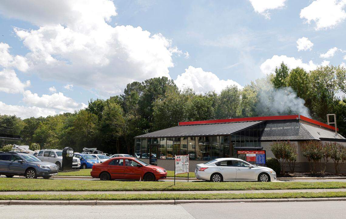 A line forms at the drive-thru of a new Cook Out on Elliot Road in Chapel Hill, N.C. on Monday, Sept. 12, 2022.