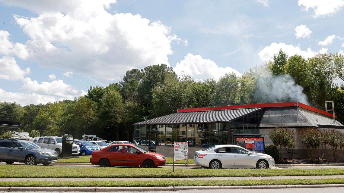 A line forms at the drive-thru of a new Cook Out on Elliot Road in Chapel Hill, N.C. on Monday, Sept. 12, 2022.