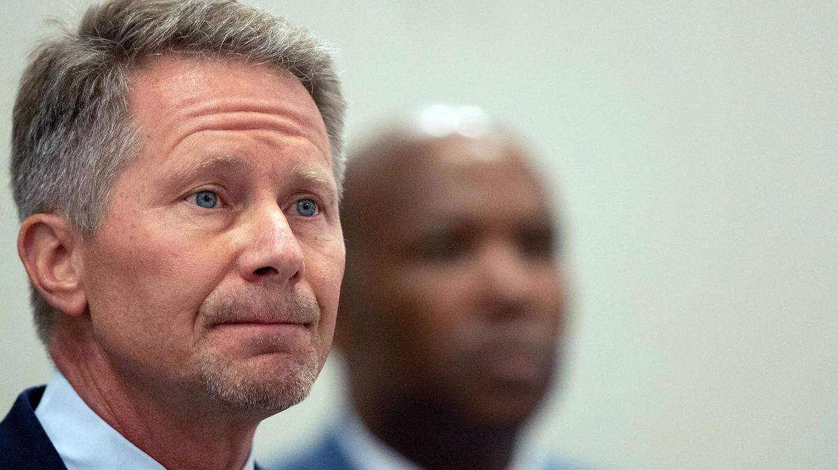 University of North Carolina Chancellor Kevin Guskiewicz and UNC Police Chief Brian James field questions during a press briefing after announcing that one university faculty member was killed in a shooting at Caudill Laboratories on Monday afternoon, August 28. 2023 in Chapel Hill, N.C.