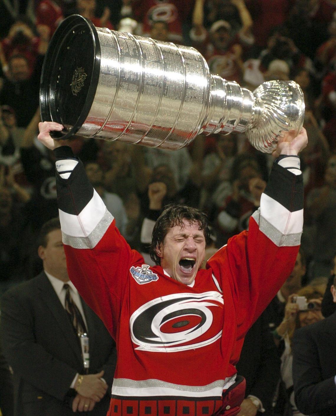 Hurricanes captain Rod Brind'Amour accept the Stanley Cup trophy after Carolina's 3-1 win over Edmonton in game 7 of the Stanley Cup Final Wednesday, June 14, 2006 at the RBC Center.
