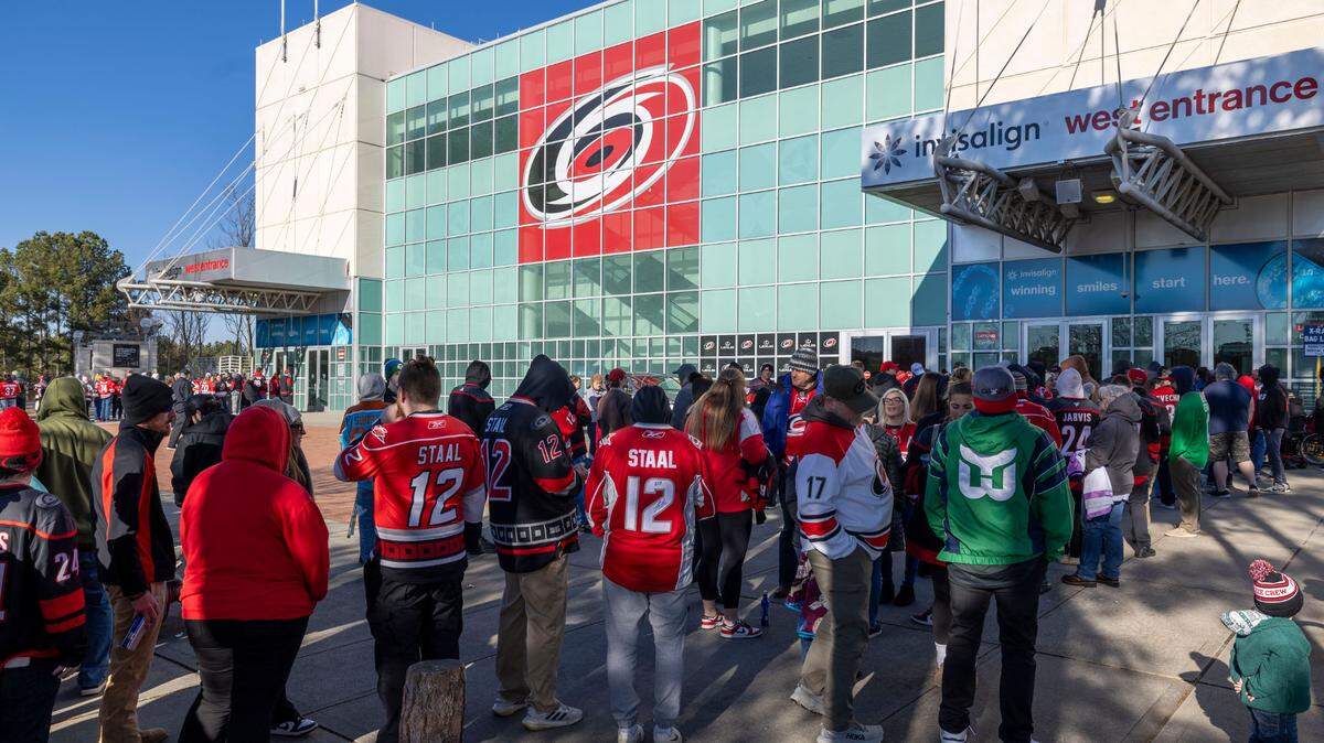Carolina Hurricanes fans line up to enter the Lenovo Center for the game against Anaheim on Sunday, January 12, 2025 in Raleigh, N.C.