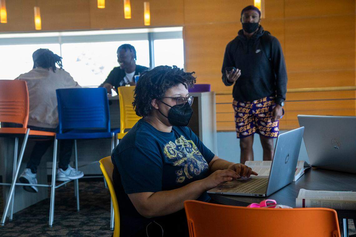 Charity Bond, an Elizabeth City State University student, studies at the Walter N. and Henrietta B. Ridley Student Complex Tuesday, March 1, 2022.