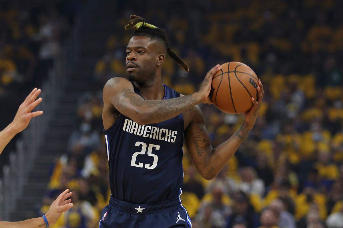 Dallas Mavericks’ forward Reggie Bullock (25) during Game 2 of the NBA basketball playoffs Western Conference finals against the Golden State Warriors in San Francisco, Friday, May 20, 2022. (AP Photo/Jed Jacobsohn)