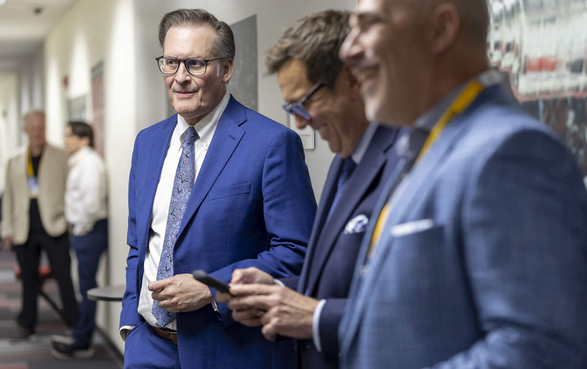 Radio announcer John Forslund, waits with colleagues outside the broadcast booth, before calling Game 2 of the Stanley Cup Final for Sports USA, on Thursday, June 4, 2026 at Lenovo Center in Raleigh, N.C.