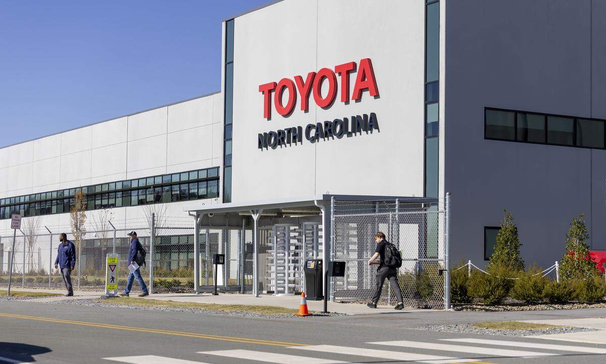 Exterior of building 803 on Toyota’s $13.9 billion battery plant campus in Liberty, N.C., on Wednesday, November 12, 2025. 