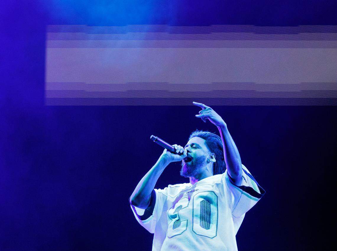 J. Cole performs during the fifth Dreamville Festival on Sunday, April 6, 2025, at Dorothea Dix Park in Raleigh, N.C.