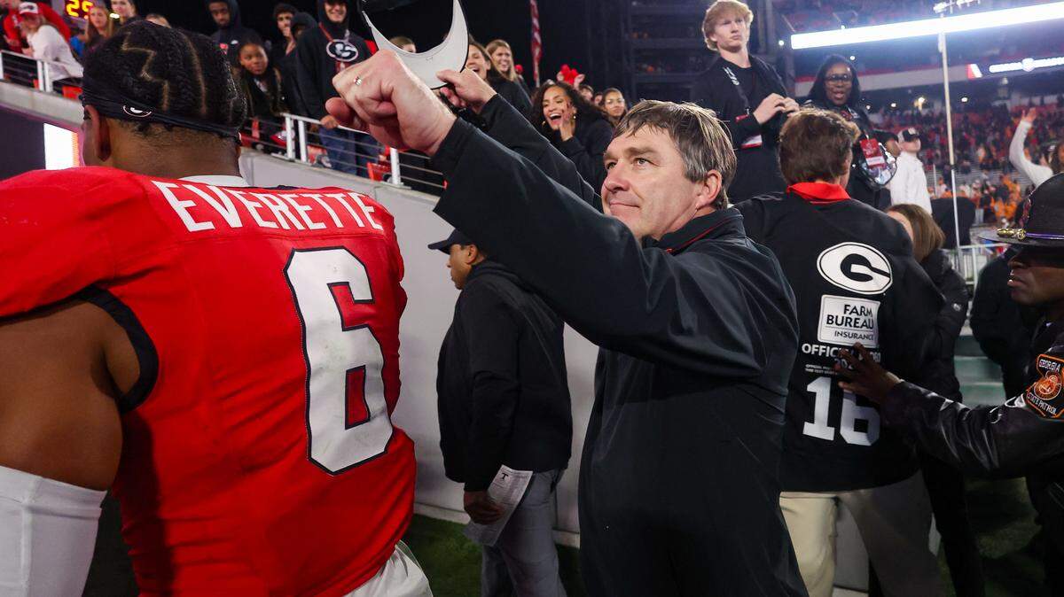 Nov 16, 2024; Athens, Georgia, USA; Georgia Bulldogs head coach Kirby Smart celebrates after a victory over the Tennessee Volunteers at Sanford Stadium.