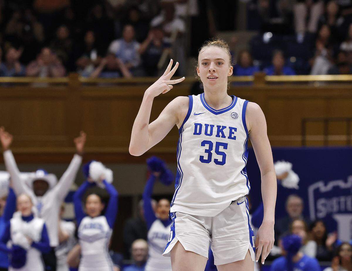 Duke’s Toby Fournier reacts after knocking down a three-point basket during the second half of the Blue Devils’ 83-65 win over N.C. State on Thursday, Feb. 19, 2026, at Cameron Indoor Stadium in Durham, N.C. 