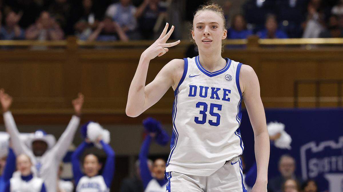 Duke’s Toby Fournier reacts after knocking down a three-point basket during the second half of the Blue Devils’ 83-65 win over N.C. State on Thursday, Feb. 19, 2026, at Cameron Indoor Stadium in Durham, N.C.
