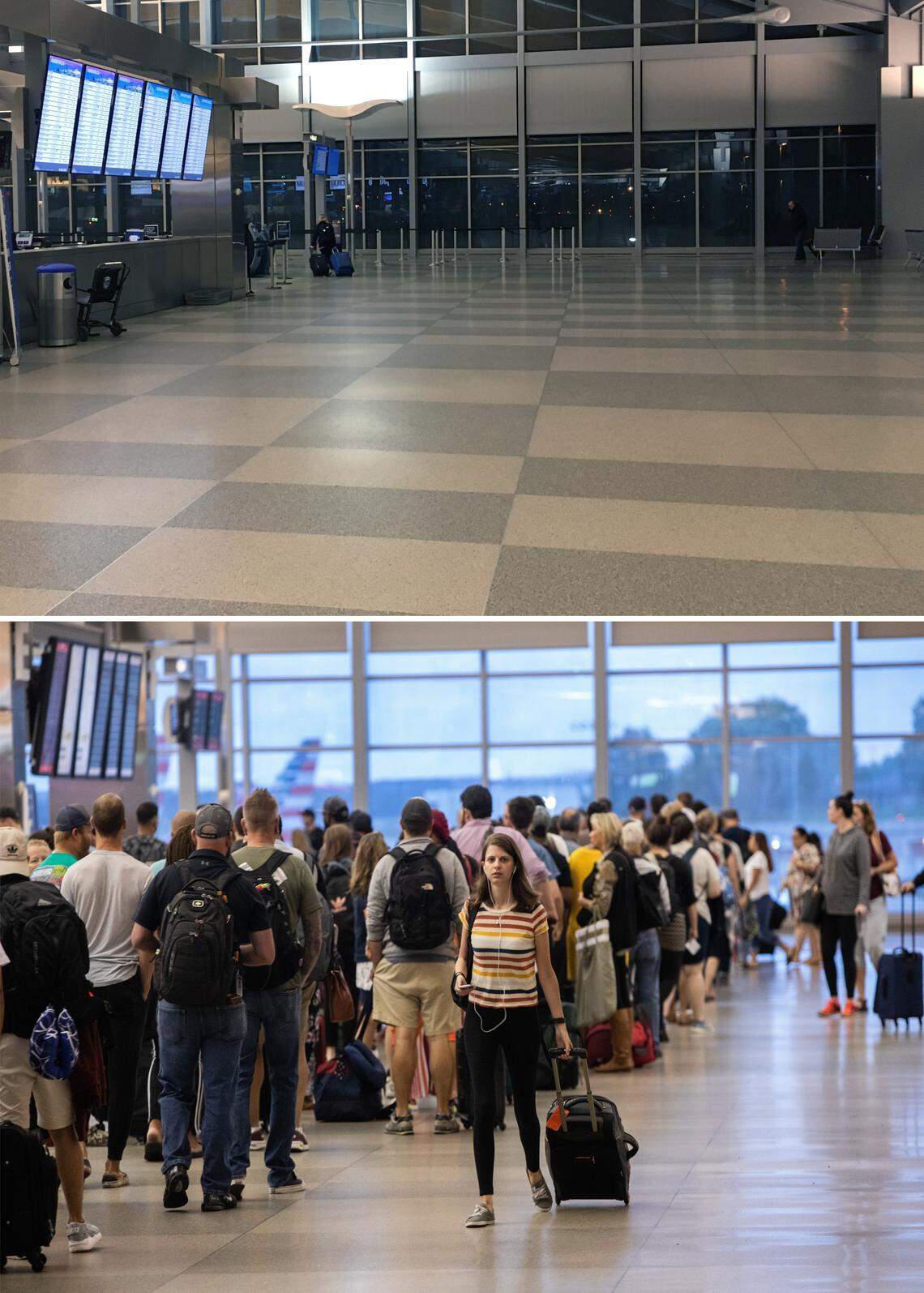The main ticketing hall in Raleigh-Durham International Airport’s Terminal 2 was mostly deserted at 6 a.m. on Monday, March 15. In contrast, lines for the security checkpoint snaked around the hall at the same hour on a morning last June, below.