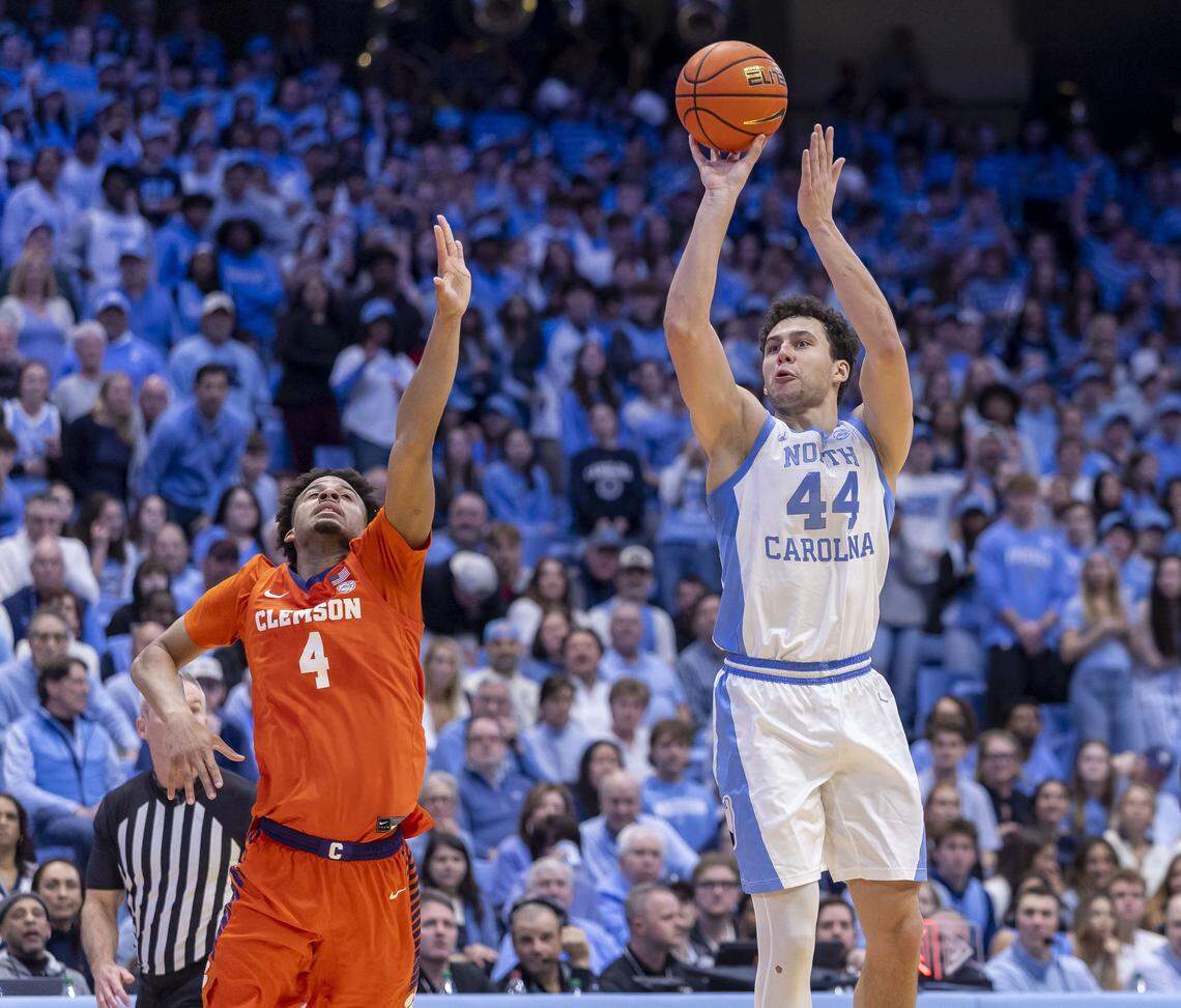 North Carolina guard Luka Bogavac (44) launches a three-point shot to give the Tar Heels a 59-53 lead in the second half against Clemson on Tuesday, March 3, 2026 at the Smith Center in Chapel Hill, N.C. Bogavac lead the Tar Heels with 20 points. 