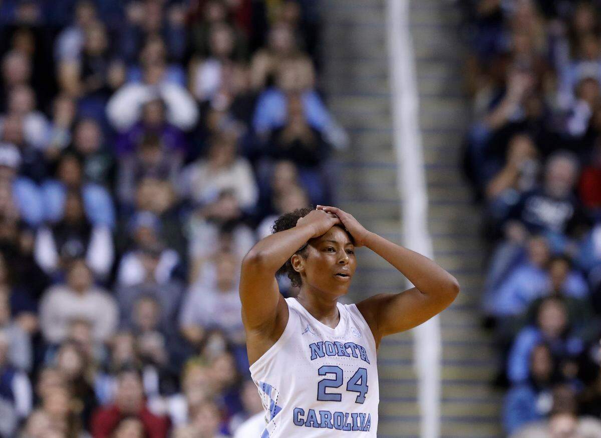 North Carolina’s Indya Nivar reacts after being charged with a foul during the second half of the Tar Heels’ 69-58 loss to UConn on Friday, Nov. 15, 2024, at First Horizon Coliseum in Greensboro, N.C.
