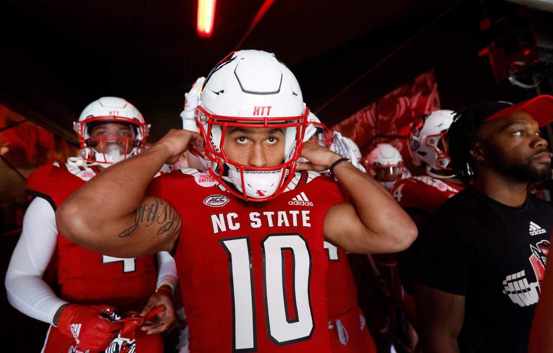 N.C. State safety Tanner Ingle (10) gets ready to head out onto the field to warmup before N.C. State’s game against Boston College at Carter-Finley Stadium in Raleigh, N.C., Saturday, Nov. 12, 2022.